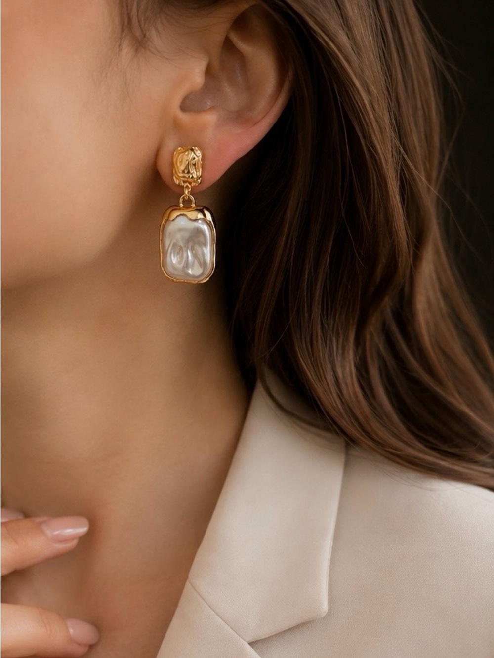 Gold and Pearl Frame Drop Earrings - Picture 5 of 5